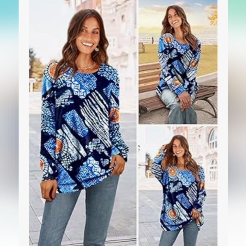 Blue Abstract Long Sleeve Super Soft Oversized Sweater Size 2X NWOT P2P 28 In